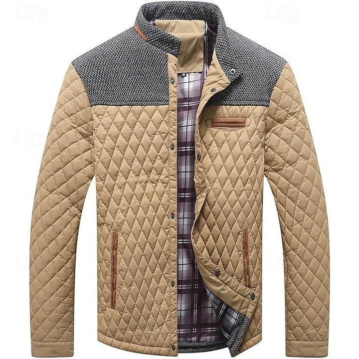 Men's Quilted Jacket with Stand Collar in Khaki Plaid – Casual & Office Khaki
