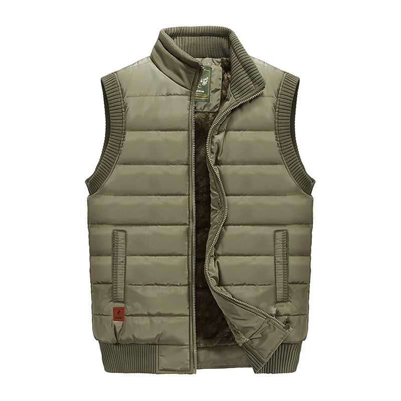 Men's Quilted Puffer Vest with Fleece-Lined Stand Collar for Winter Khaki