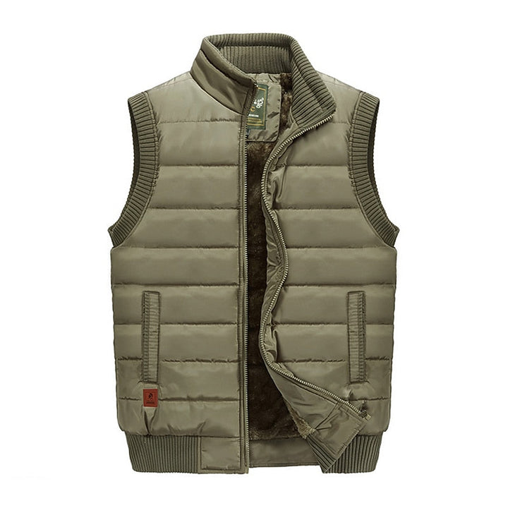Men's Quilted Puffer Vest with Fleece-Lined Stand Collar for Winter Khaki