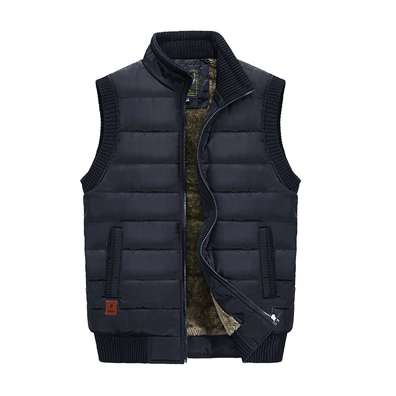 Men's Quilted Puffer Vest with Fleece-Lined Stand Collar for Winter Dark Blue