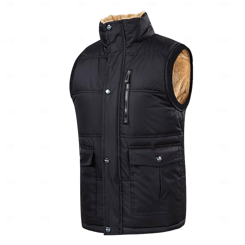 Men's Black Sherpa-Lined Puffer Vest - Casual Winter Body Warmer Black