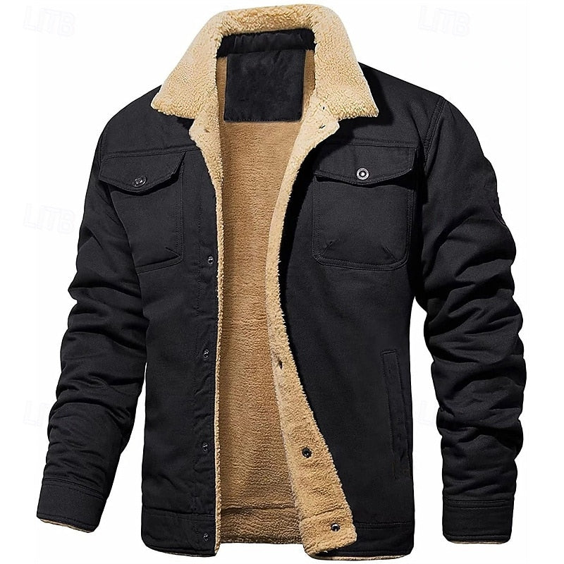 Men's Sherpa-Lined Trucker Jacket - Warm Fleece Button-Up Coat Black