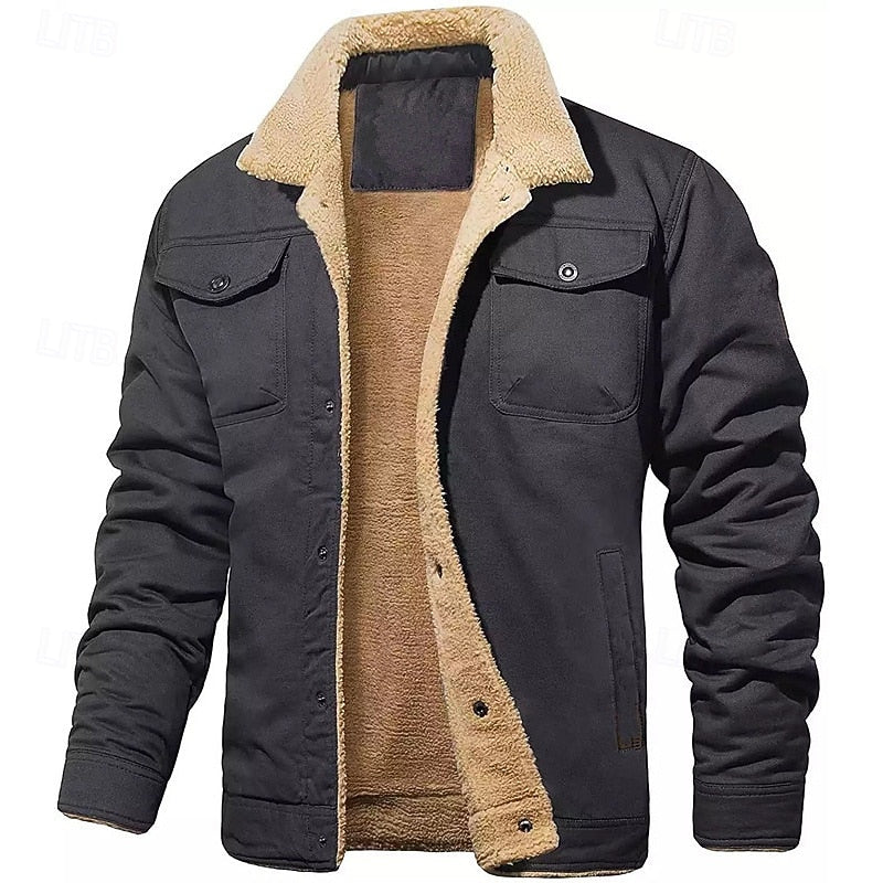 Men's Sherpa-Lined Trucker Jacket - Warm Fleece Button-Up Coat Dark Gray