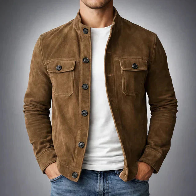 Men's Suede Button-Up Jacket Army Green Stand Collar with Pockets Brown