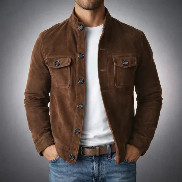 Men's Suede Button-Up Jacket Army Green Stand Collar with Pockets Dark Brown