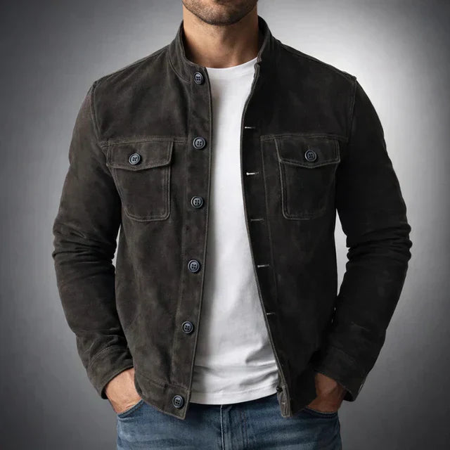 Men's Suede Button-Up Jacket Army Green Stand Collar with Pockets Black