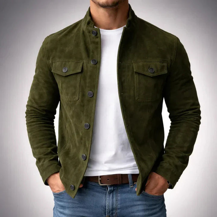Men's Suede Button-Up Jacket Army Green Stand Collar with Pockets Green