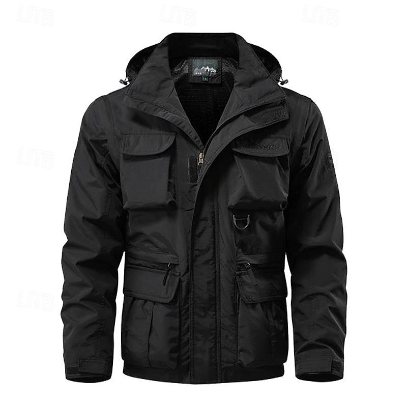 Men's Tactical Hooded Jacket with Multi-Pockets for Outdoor Activities Black