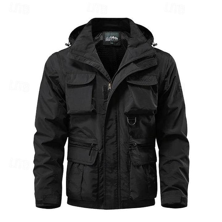 Men's Tactical Hooded Jacket with Multi-Pockets for Outdoor Activities Black