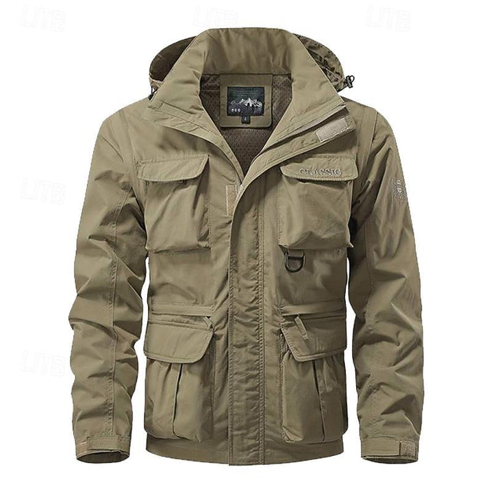 Men's Tactical Hooded Jacket with Multi-Pockets for Outdoor Activities Khaki