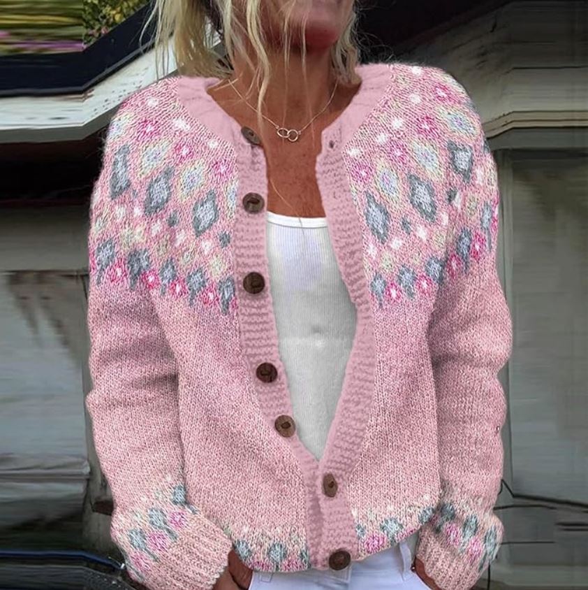 Jacquard-cardigan med knaplukning foran til kvinder