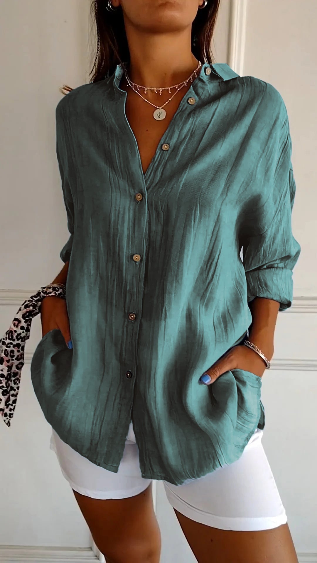 Women's Elegant Oversized Blouse Blue Green