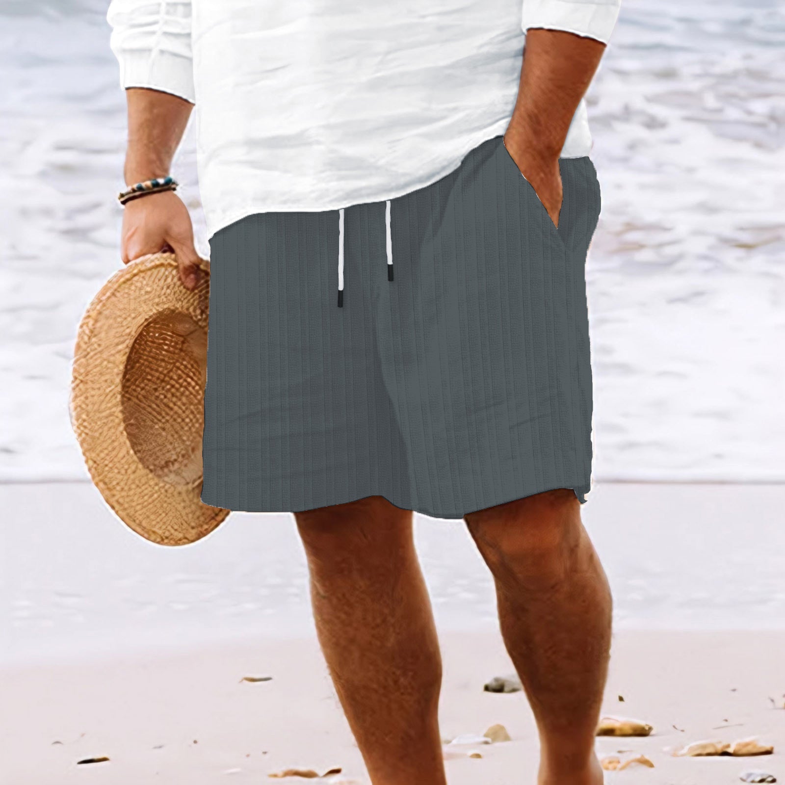 Mens Breathable Striped Drawstring Summer Shorts For Men Gray