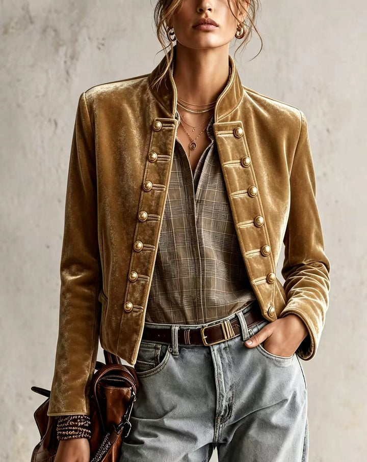 Blazer militar de terciopelo con botones para mujer