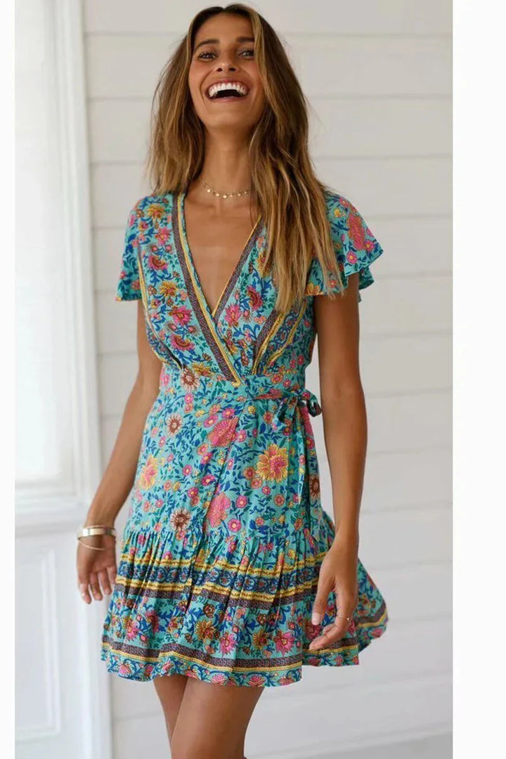 Women's Green Floral Mini Dress-MODAUTLET