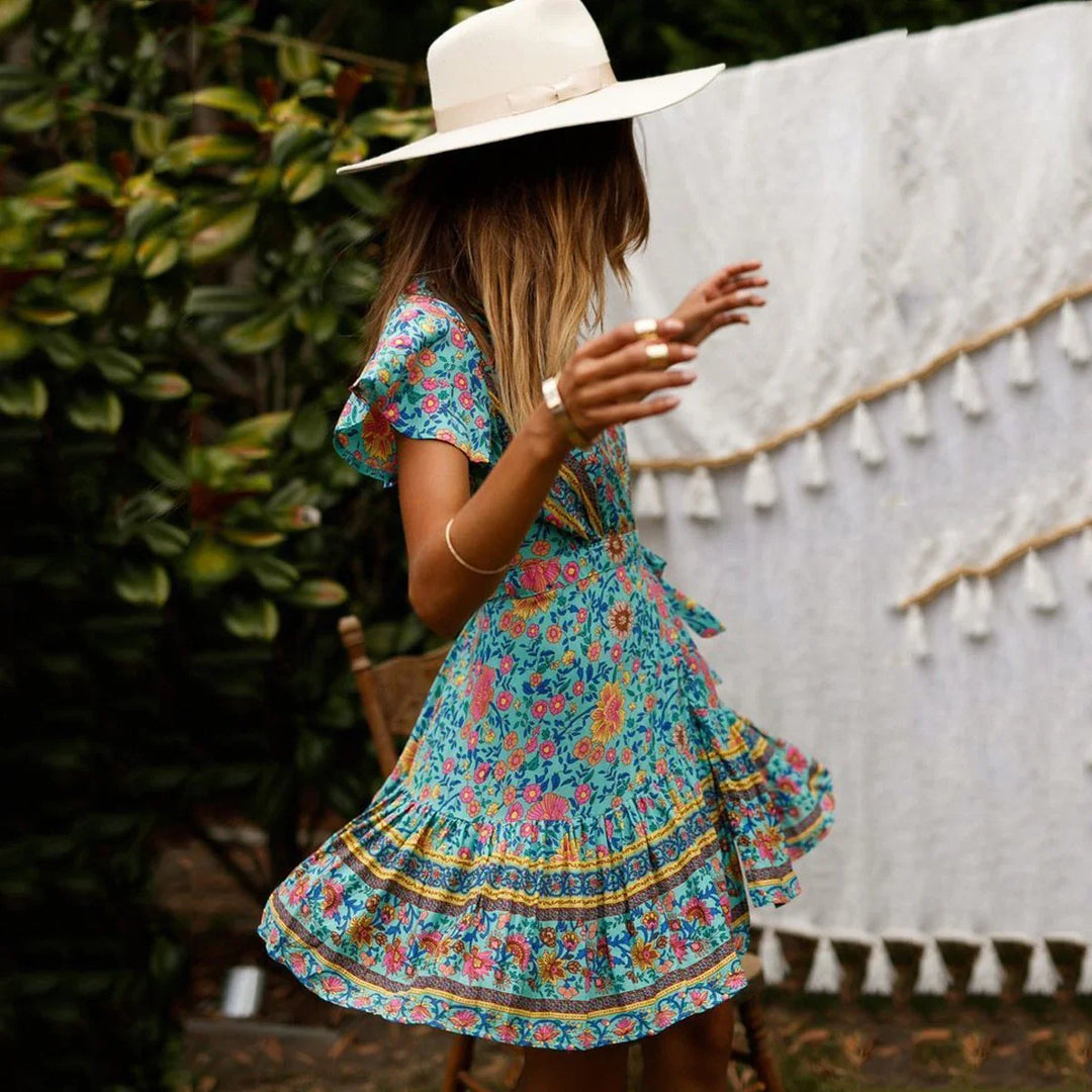 Women's Green Floral Mini Dress-MODAUTLET
