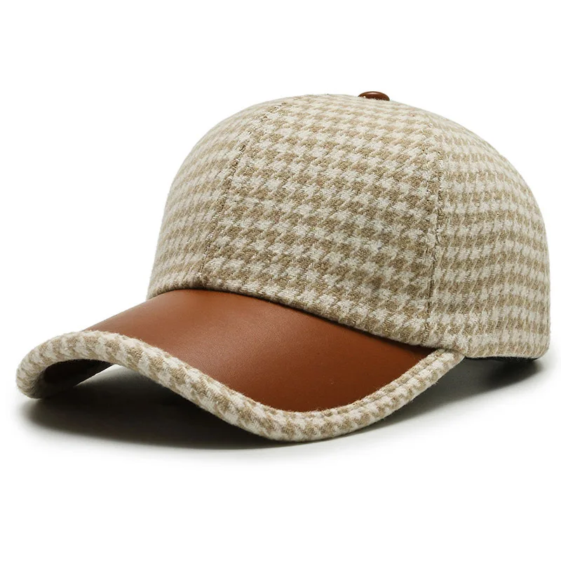 Houndstooth Pattern Leather Cap