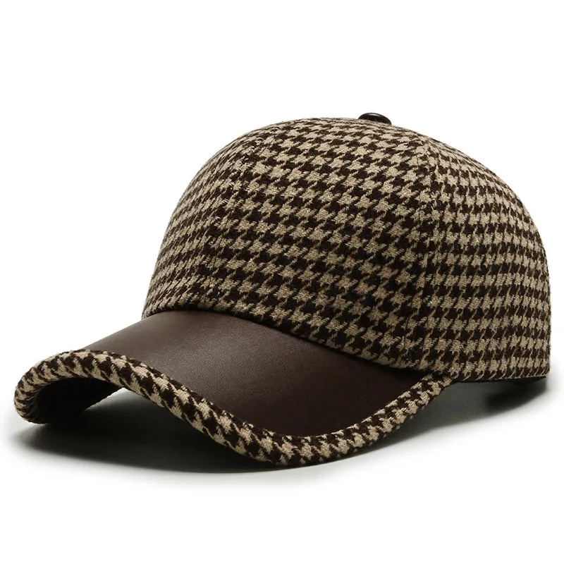 Houndstooth Pattern Leather Cap