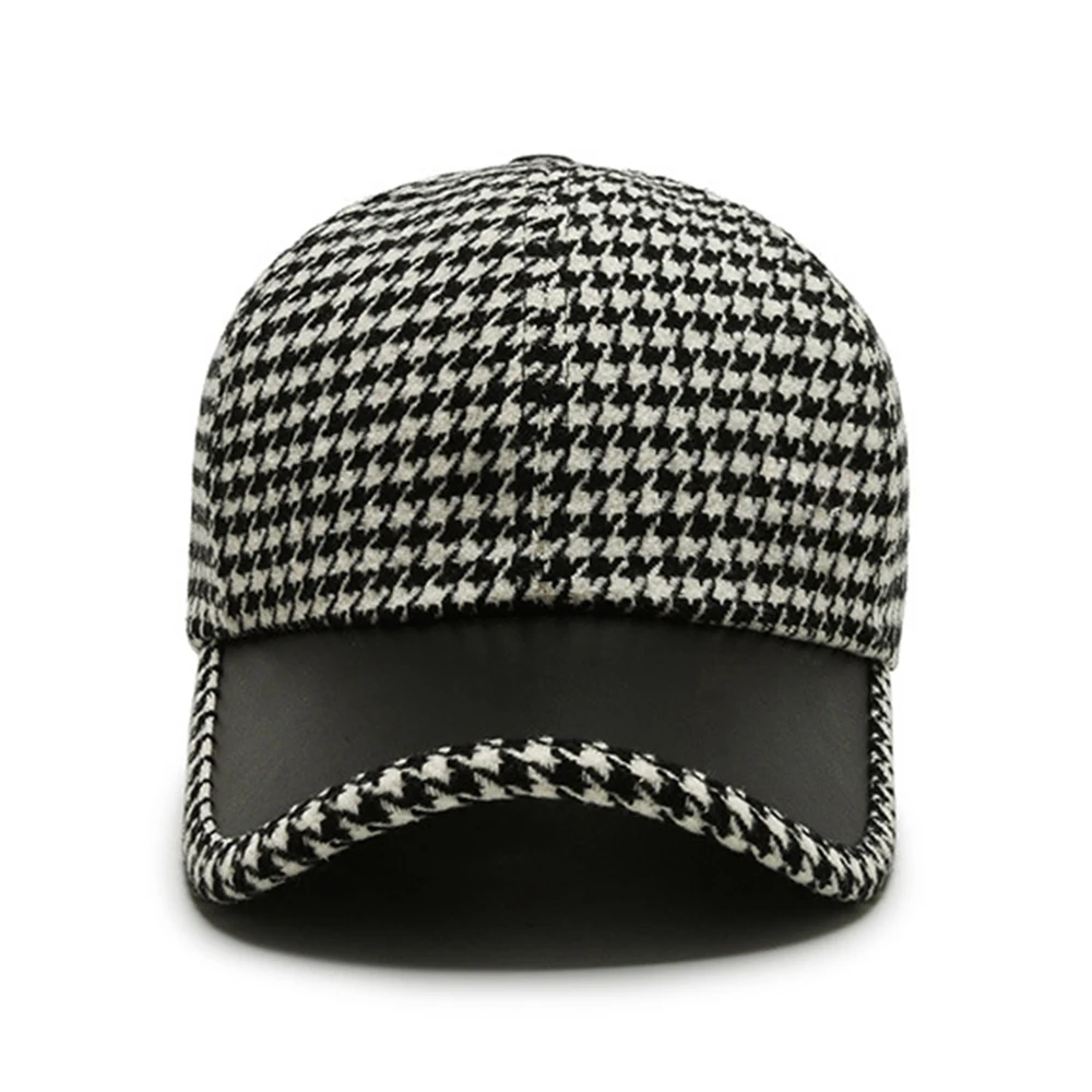 Houndstooth Pattern Leather Cap
