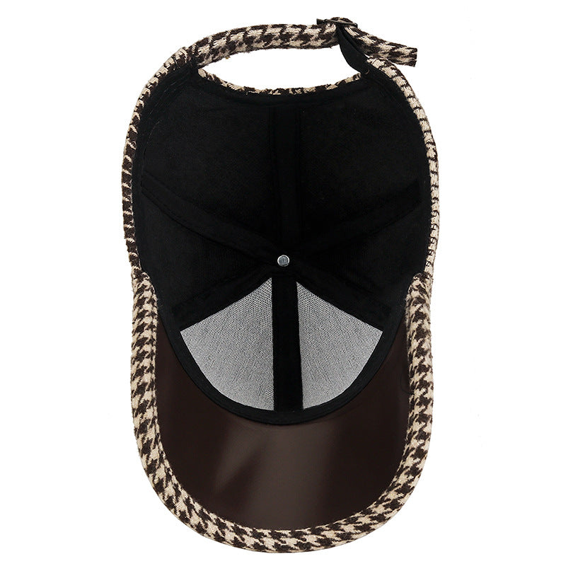 Houndstooth Pattern Leather Cap