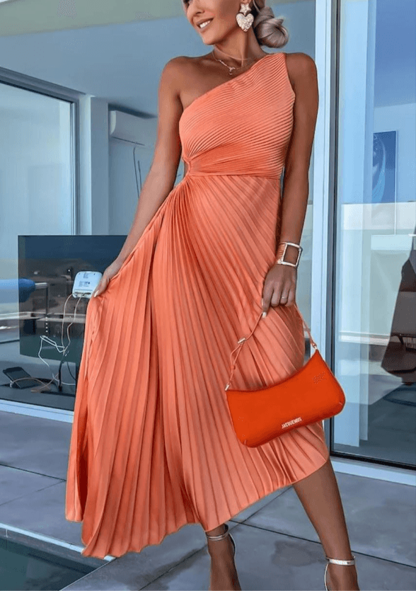 Sarah | Vestido maxi plisado de un solo hombro para mujer