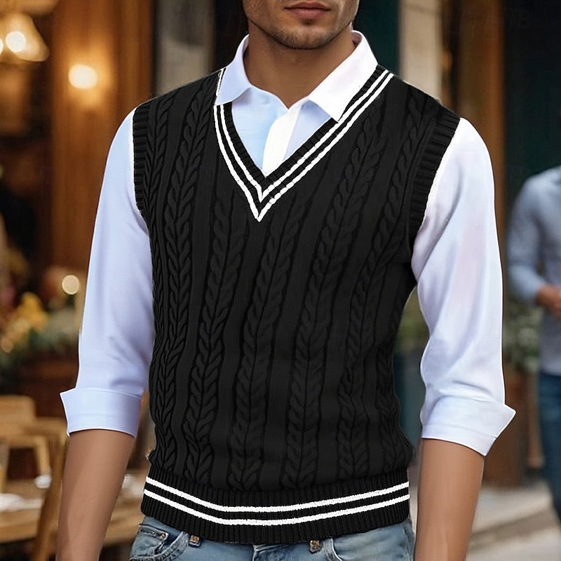 Chaleco de punto trenzado con cuello de pico para hombre