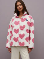 Women Fleece Jacket Heart Design Cozy Warm Winter Wear