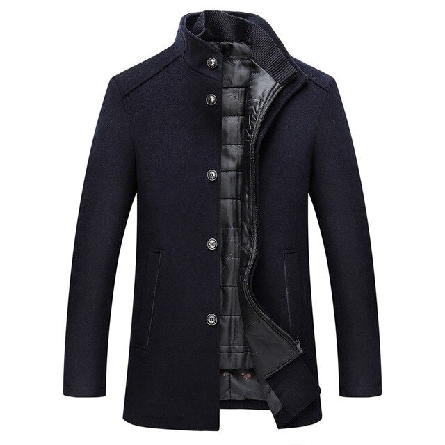 Men's Stylish & Warm Stand Collar Wool Button Coat Navy Blue