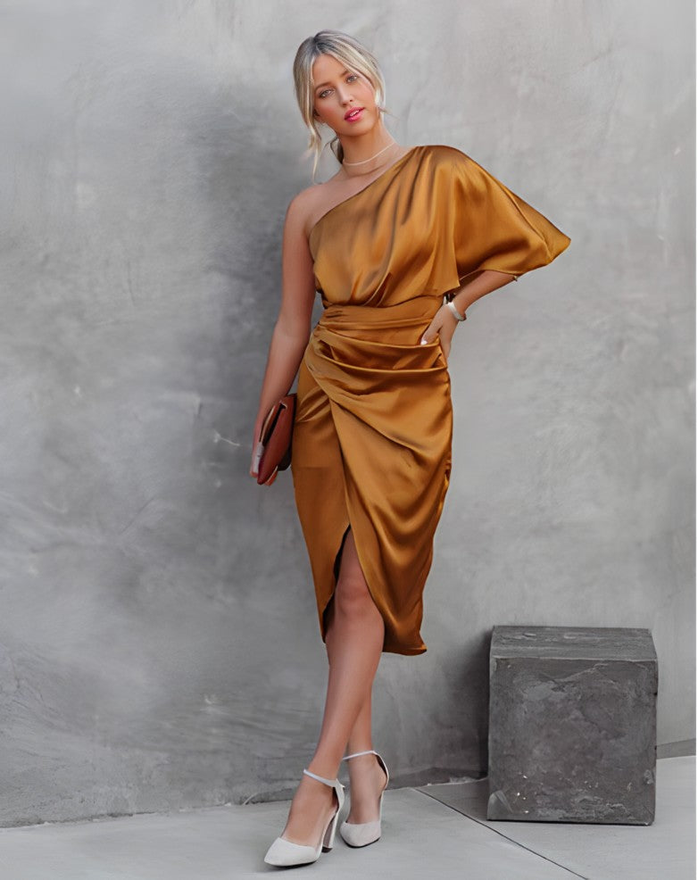 Ava | Damen Midi-Kleid mit Einem Schulterriemen und Wickeldesign für Eleganten Stil
