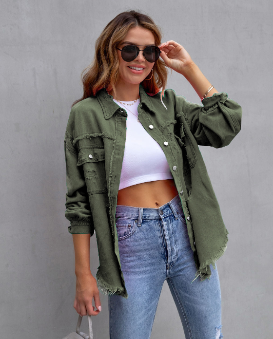 Plus-Size Denim Jacket Army Green