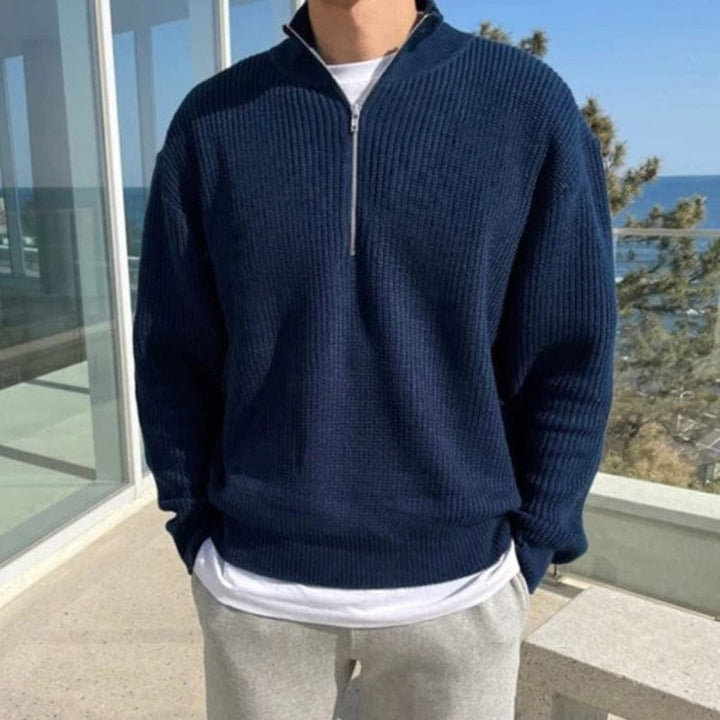 Men's Ribbed Half-Zip Pullover Sweater with Stand-Up Collar Blue