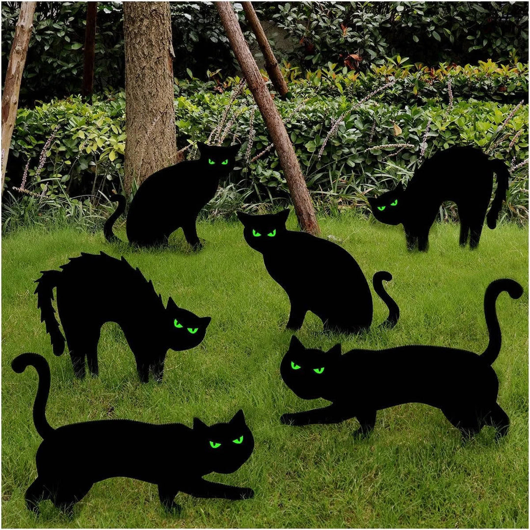 Conjunto de 6 Decorações de Jardim de Gatos Pretos do Halloween com Olhos que Brilham no Escuro