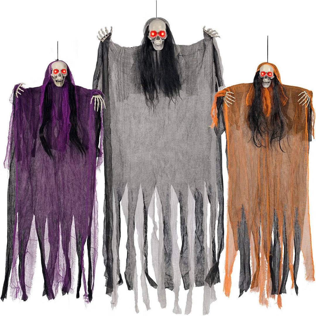 Esqueletos fantasma iluminados em pacote de 3 para decoração de Halloween em interiores/exteriores