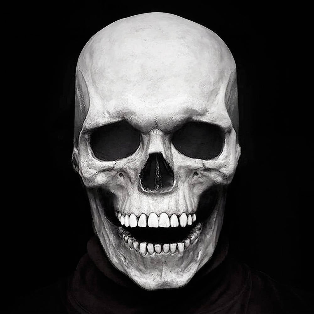 Halloweenova realistická maska kostlivce zakrývající celou hlavu s pohyblivou čelistí
