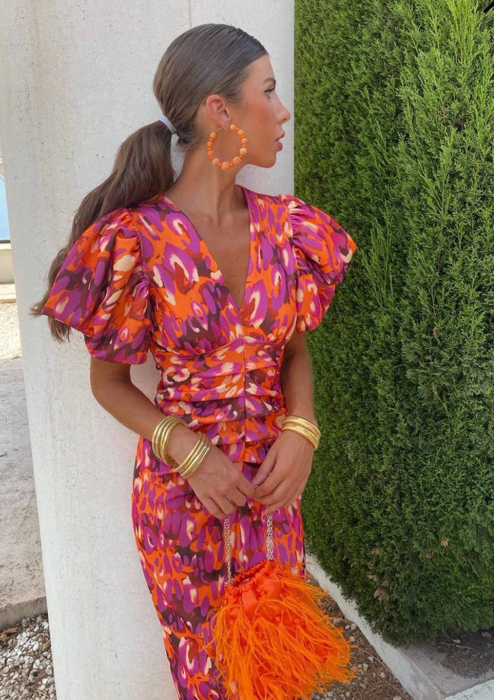Sydney | Vestido midi de verano para mujer con mangas abullonadas y estampado floral