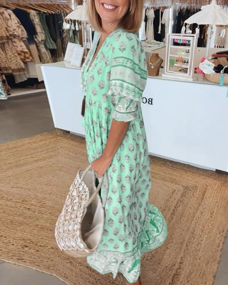 Elizabeth | Vestido midi bohemio para mujer con estampado y lazo de borlas