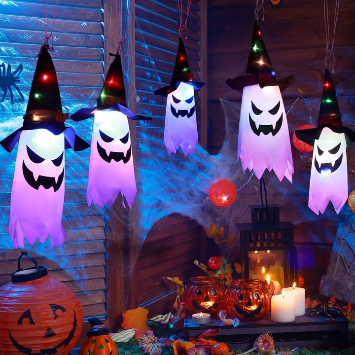 Halloweenská vícebarevná světelná řada s duchy a čarodějnickými klobouky, 9.8ft
