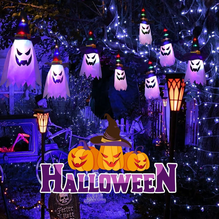 Halloweenská vícebarevná světelná řada s duchy a čarodějnickými klobouky, 9.8ft