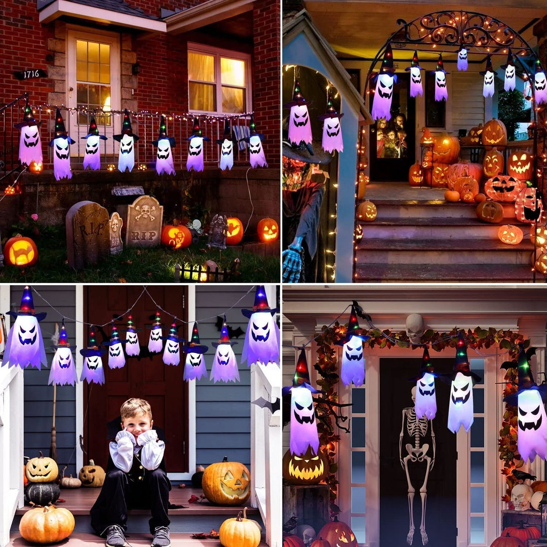 Halloweenská vícebarevná světelná řada s duchy a čarodějnickými klobouky, 9.8ft