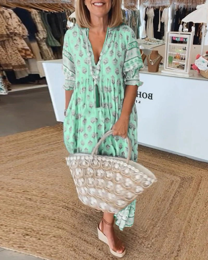 Elizabeth | Vestido midi bohemio para mujer con estampado y lazo de borlas