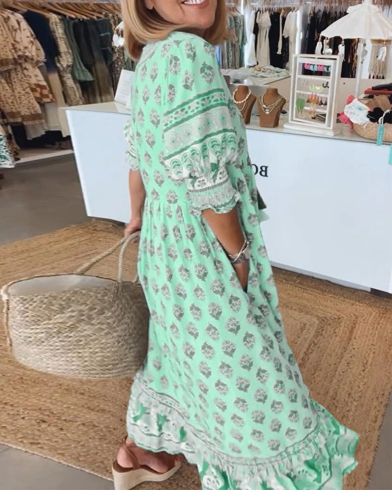 Elizabeth | Vestido midi bohemio para mujer con estampado y lazo de borlas