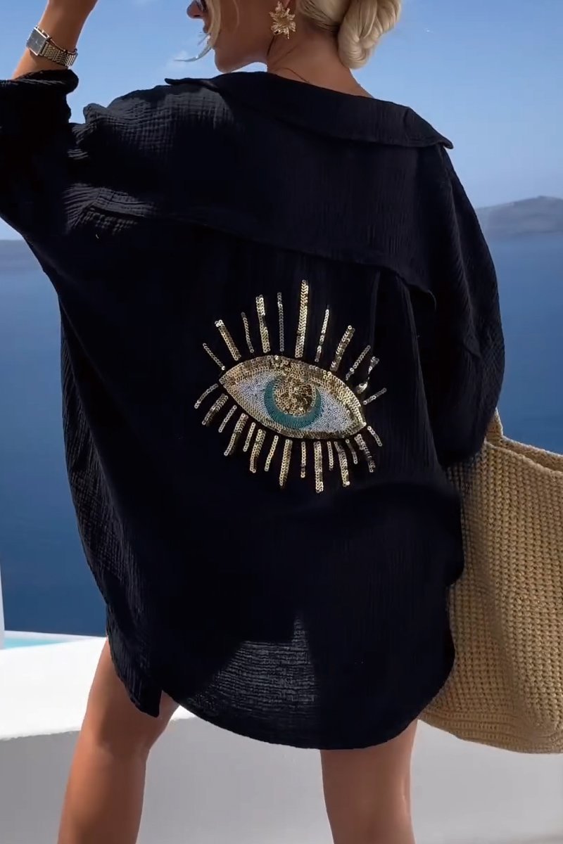 Women's Sequin Evil Eye Shirt Black