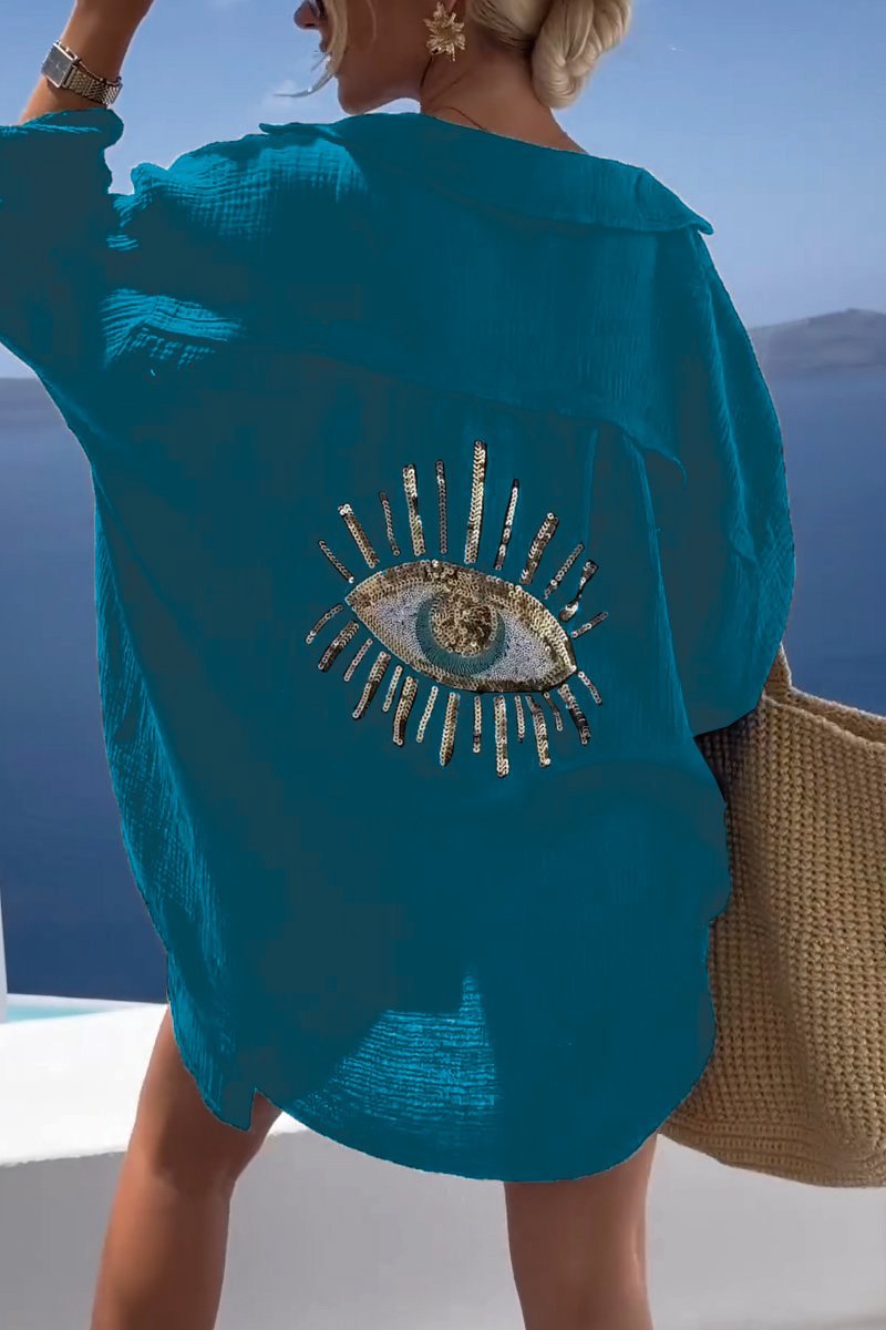 Women's Sequin Evil Eye Shirt Blue