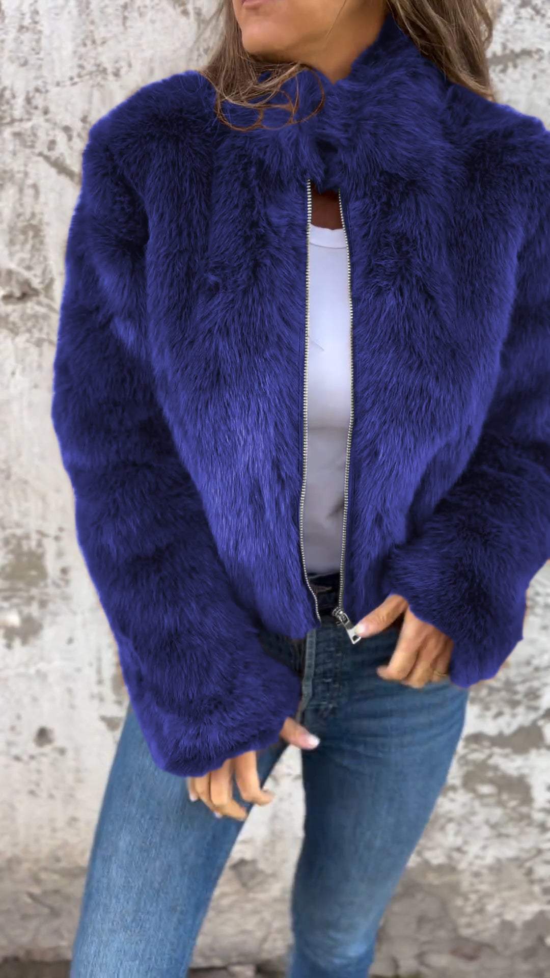 Women Faux Fur Jacket Blue
