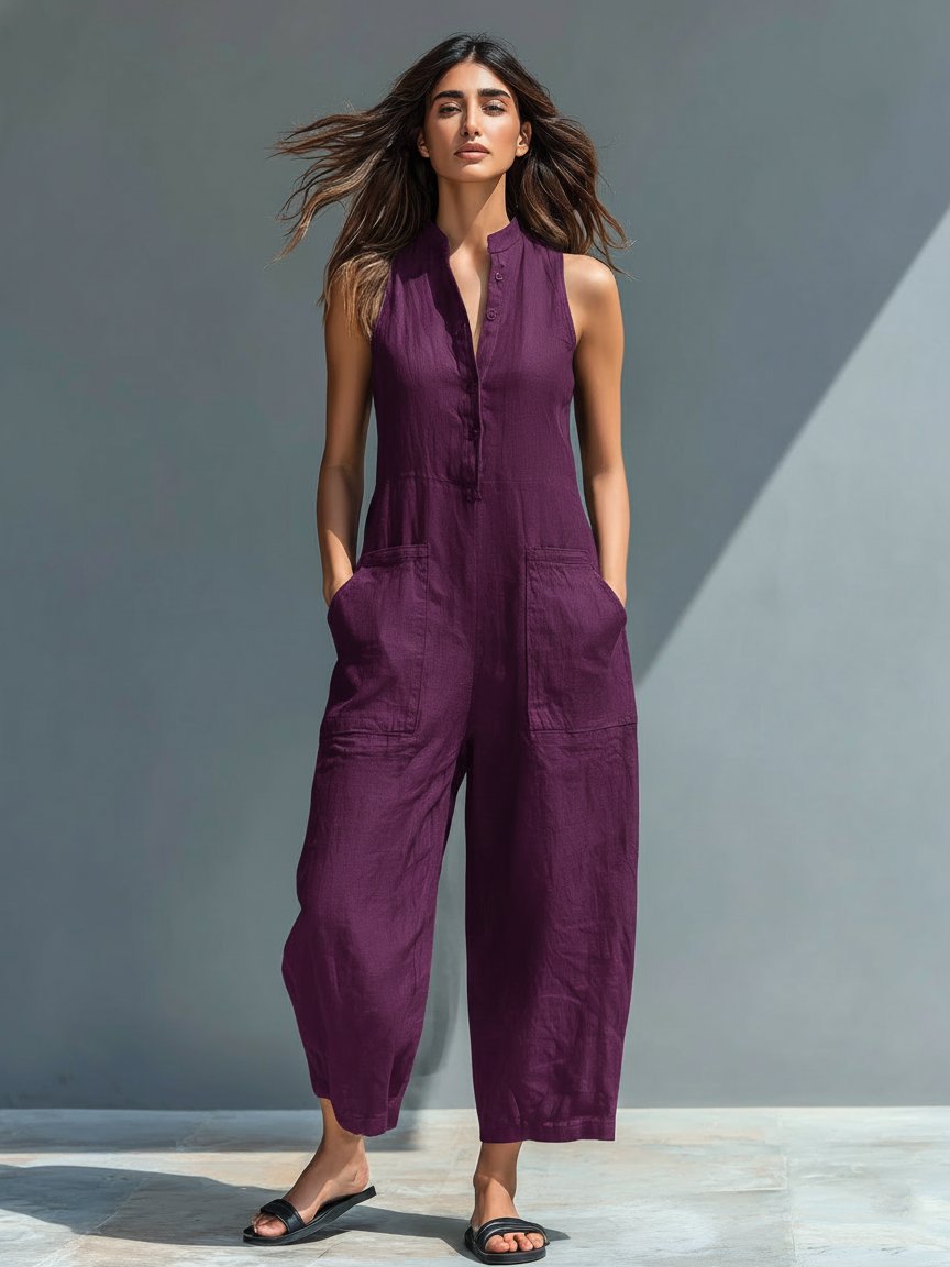 Olivia | Mono de lino para mujer con cuello alto y botones delanteros