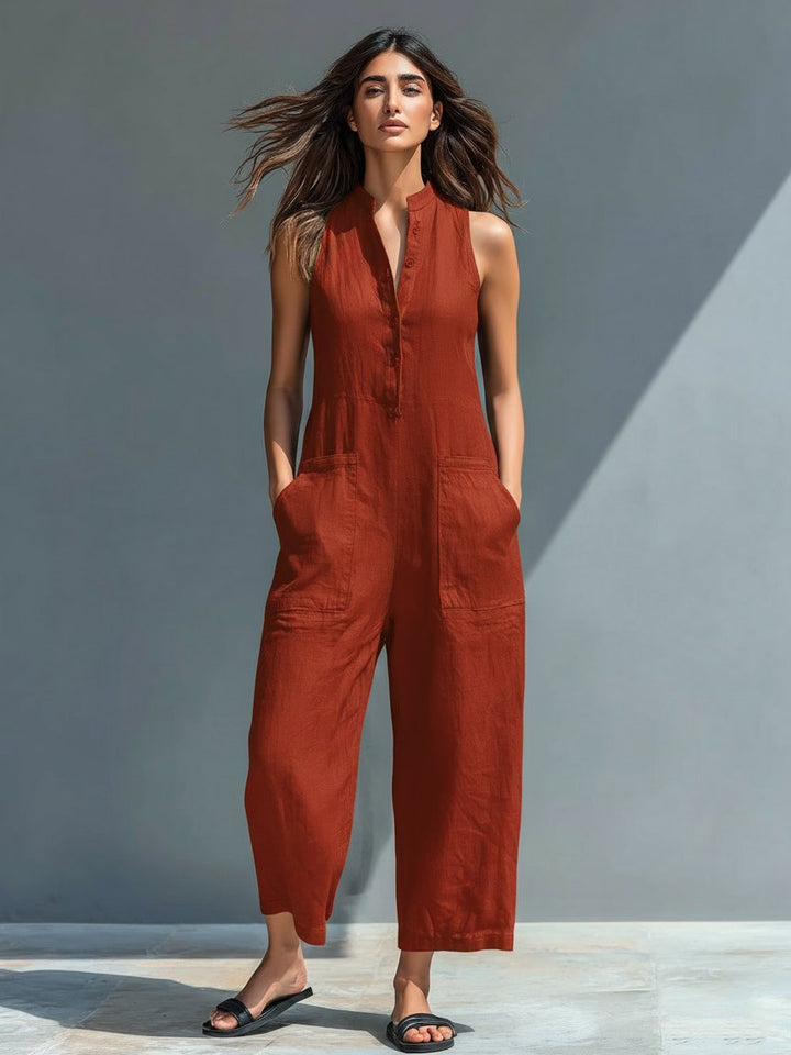 Olivia | Mono de lino para mujer con cuello alto y botones delanteros