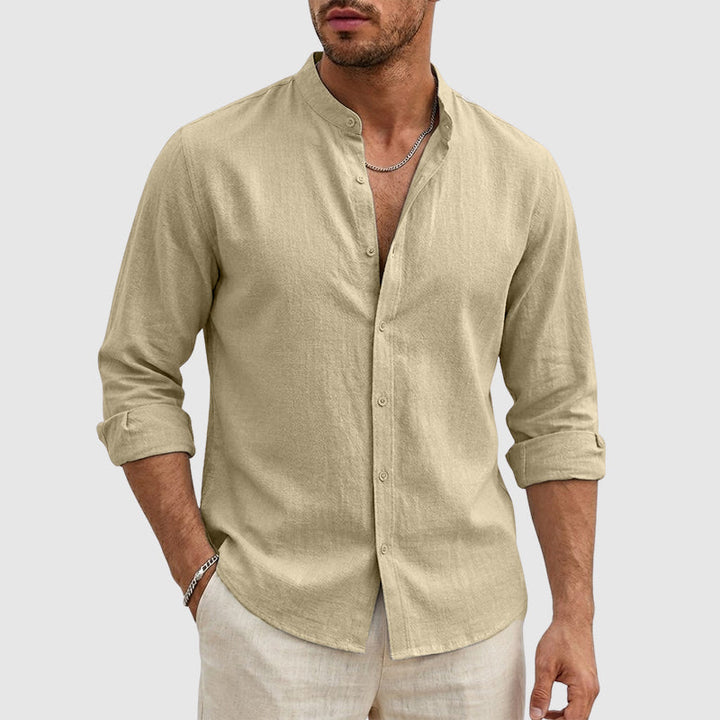 Justin | Camisa de lino para hombre con cuello mao y manga larga