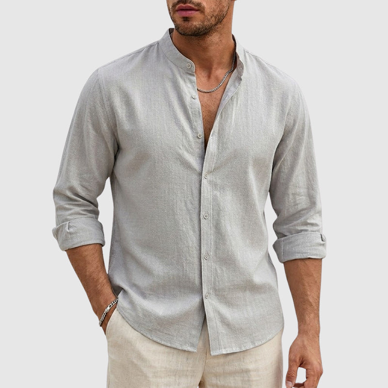 Justin | Camisa de lino para hombre con cuello mao y manga larga