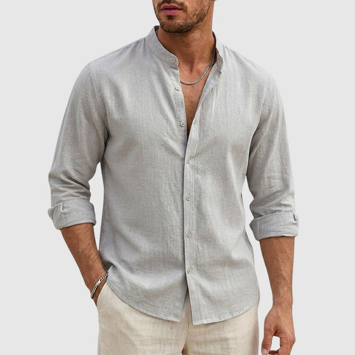Justin | Camisa de lino para hombre con cuello mao y manga larga