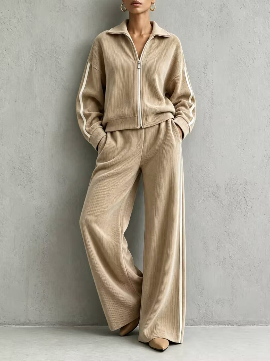 Women's Ribbed Zip-Up Two-Piece Lounge Set